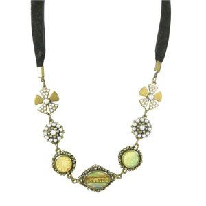 Imitation Pearl Necklace 21  Inch Black Ribbon Believe Panel Rhinestones Jewelry